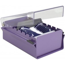 Index Business Card Size File Holder Organizer Metal Base Heavy Duty (AZ Index Cards and Divider Included) (Purple Color with Clear Crystal Plastic Lid Cover) 