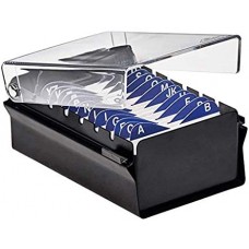 Index Business Card Size File Holder Organizer Metal Base Heavy Duty (AZ Index Cards and Divider Included) (Black Color with Clear Crystal Plastic Lid Cover) 
