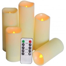 Outdoor Waterproof Flameless Candles with Timer & Remote - LED Flickering Pillar Plastic Resin Electric Candles Battery Operated Candles, Set of 5 (D 2.2" x H 4" 4" 5" 6" 7") 