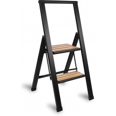 Premium 2 Step Ladder, 2" Slim Design Anti-Slip Sturdy, Lightweight, Very Easy to Store, Heavy Duty, Stylish, Good for Your Kitchen, Pantry, Closets, Black Aluminum/Bamboo 