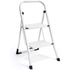 2 Step Ladder Folding Step Stool Ladder with Handgrip Anti-Slip Sturdy and Wide Pedal Multi-Use for Household and Office Portable Step Stool Steel 300lbs White (2 feet)