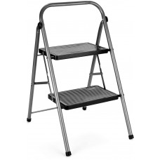 2 Step Ladder with Anti-Slip Pedal, Hold Up to 330LBS Lightweight and Multi-Use for Household and Kitchen Small 2 Step Stool Steel Grey
