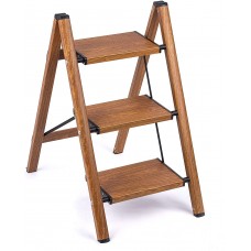 3 Step Stool Ladder Woodgrain Shelf Aluminum Lightweight Folding with Anti-Slip and Wide Pedal for Home and Kitchen Space Saving 
