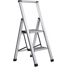 2-Step Slim Aluminum Step Ladder - Sturdy Thin Folding Stool - 2 Anti-Slip Steps - Wide Platform - Great for Your Kitchen, Pantry, Closets, or Home Office - Indoor Stool - Silver 