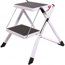 Small Step Ladder 2 Step Stool Folding, Portable Sturdy Metal Small Ladder for Home Kitchen Household Closet, White 250lbs